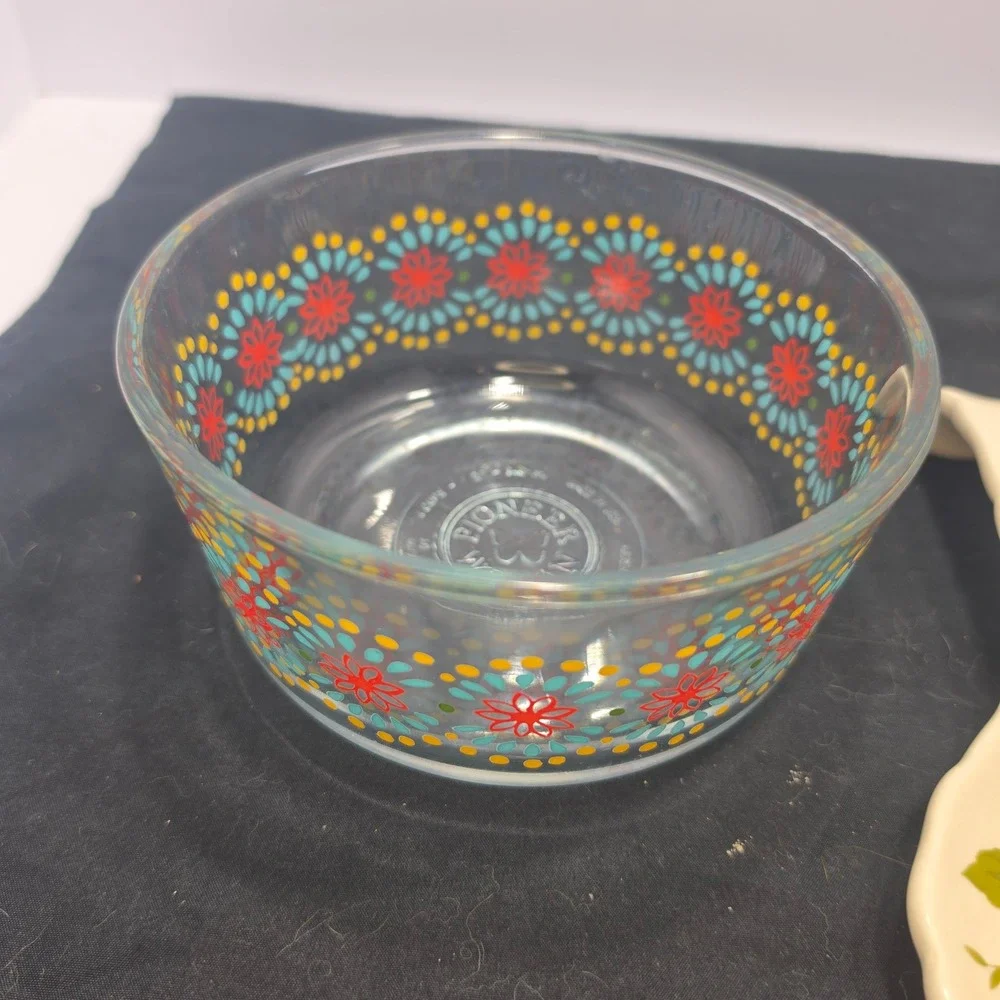 Pioneer Woman 3pc Kitchen Set Sugar Bowl Spoon Rest Glass Floral Bowl Multicolor
